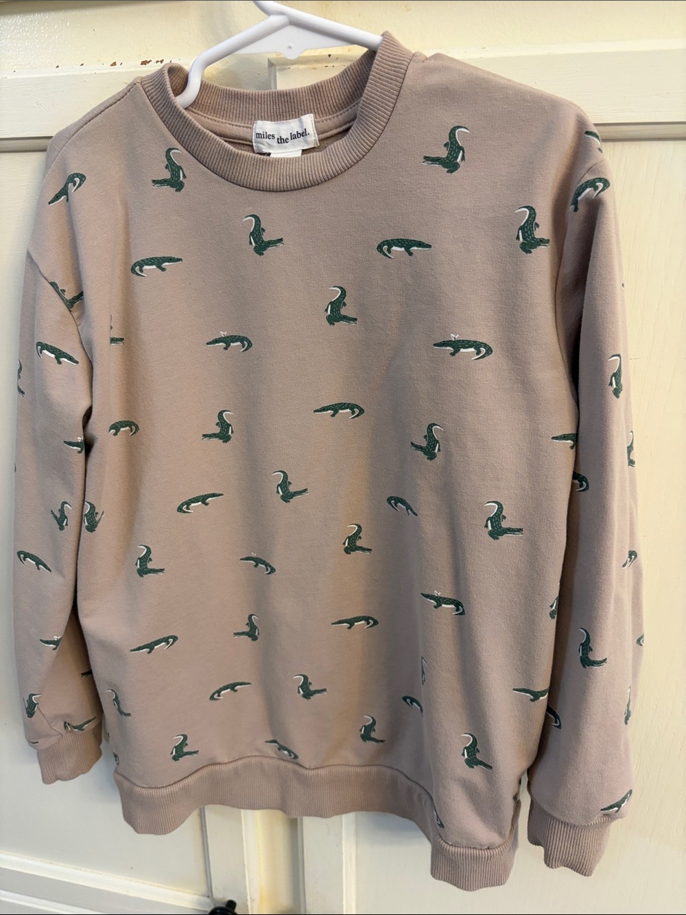 Miles the Label. Taupe Crewneck Sweatshirt w/ Green Alligator Print Boys Size 7Y